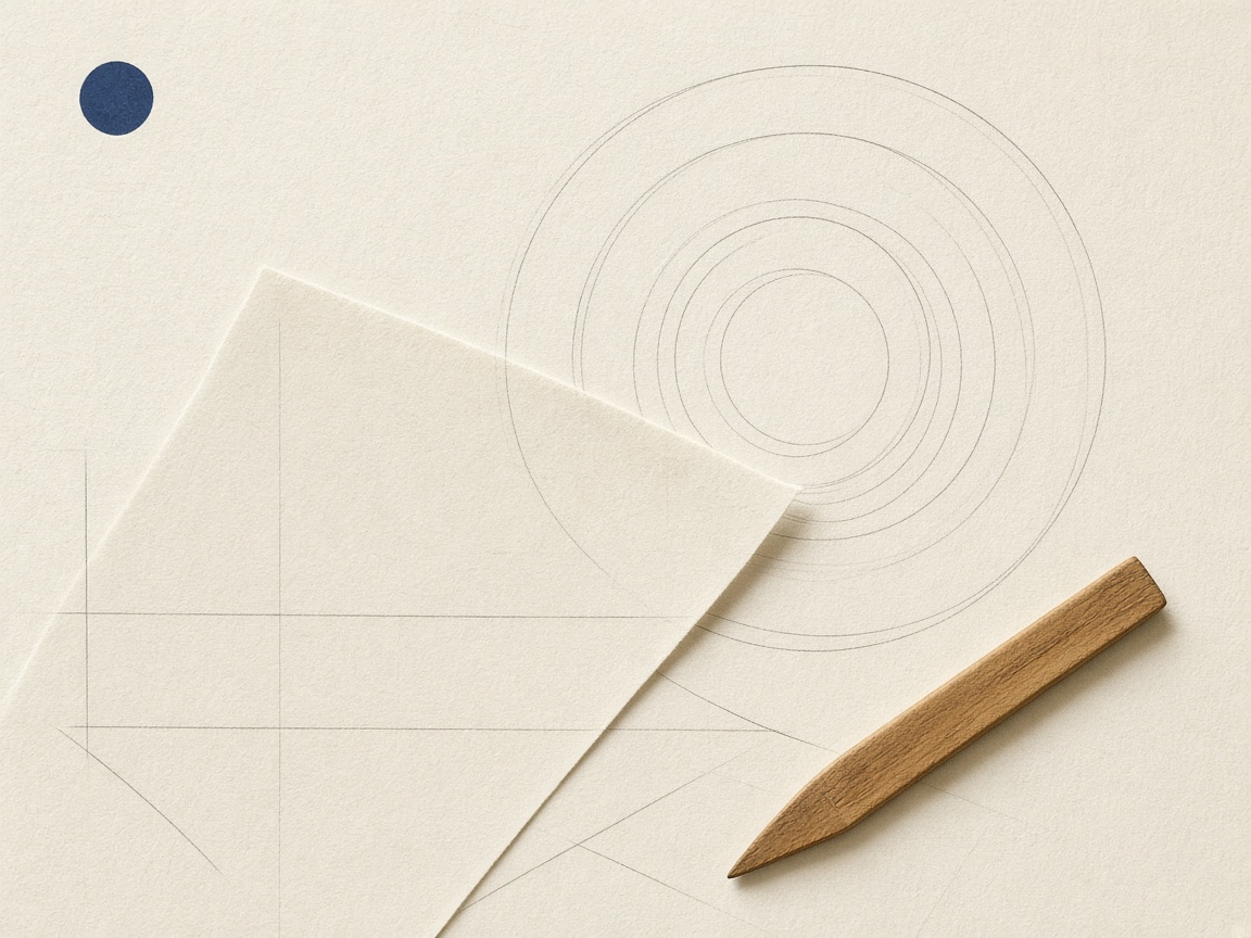 Overlapping cream paper sheets with hairline rules, a navy circle stamp, and a bone folder.